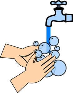 Cartoon image of hands being washed.