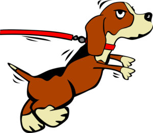 Jumping dog on leash cartoon artwork.