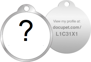 Two sides of license tag; one with a ? and one with DocuPet information.