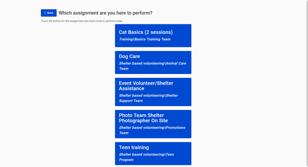 Volgistics sign in duties page